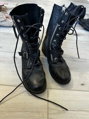 Aldo Black Lace-Up Combat Boots with Side Zipper and Buckle